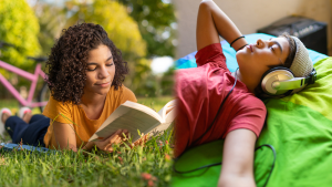 A person lays on her stomach reading a book outside next to the image of a person laying down on a bed with headphones on
